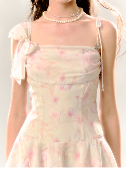 White Butterfly Print Cinched Waist Dress