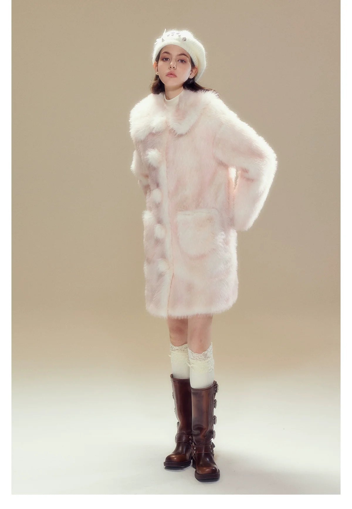 Pink Ombre Doll Collar Long Shearling Coat