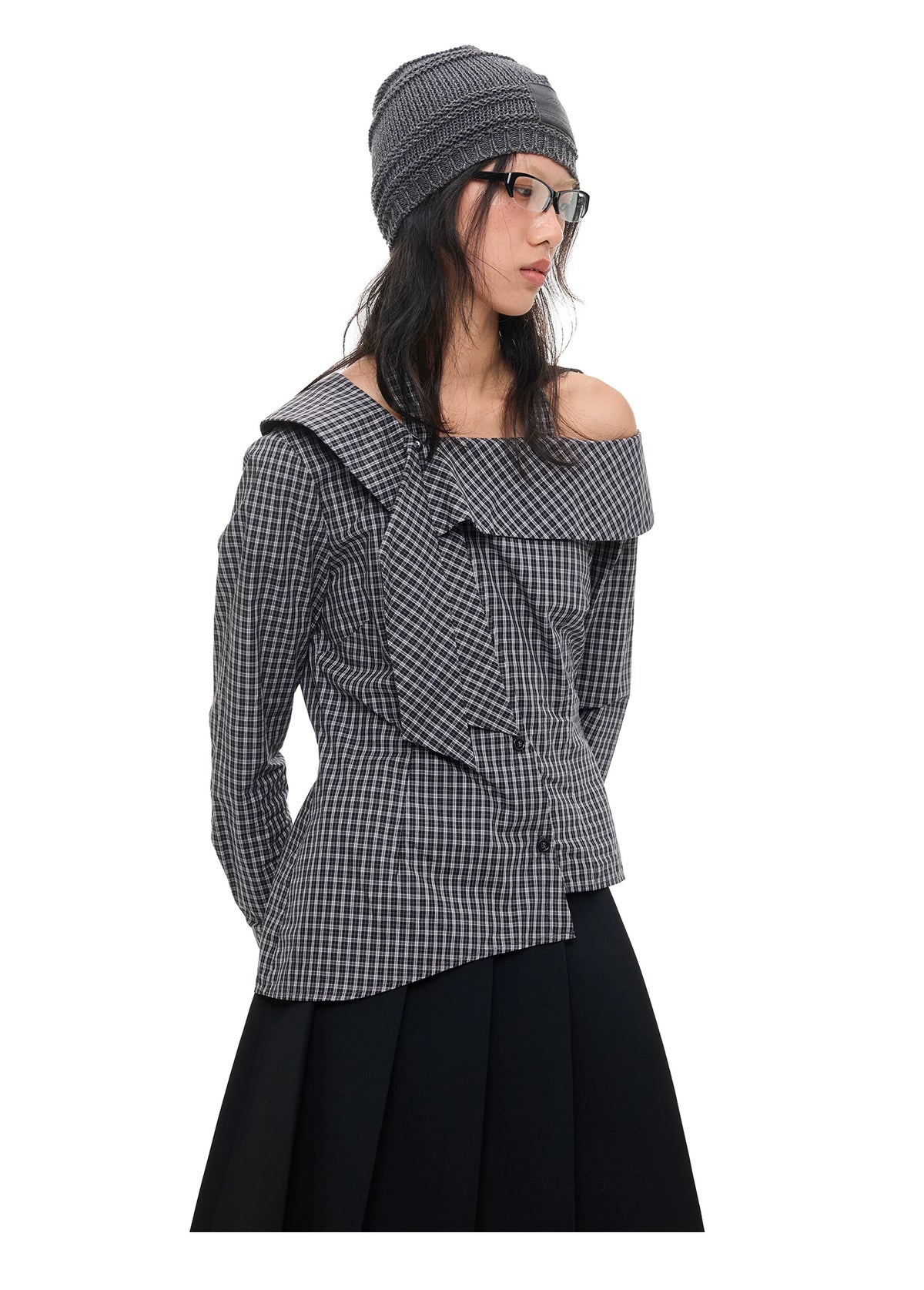 Asymmetric Plaid Off-Shoulder Shirt