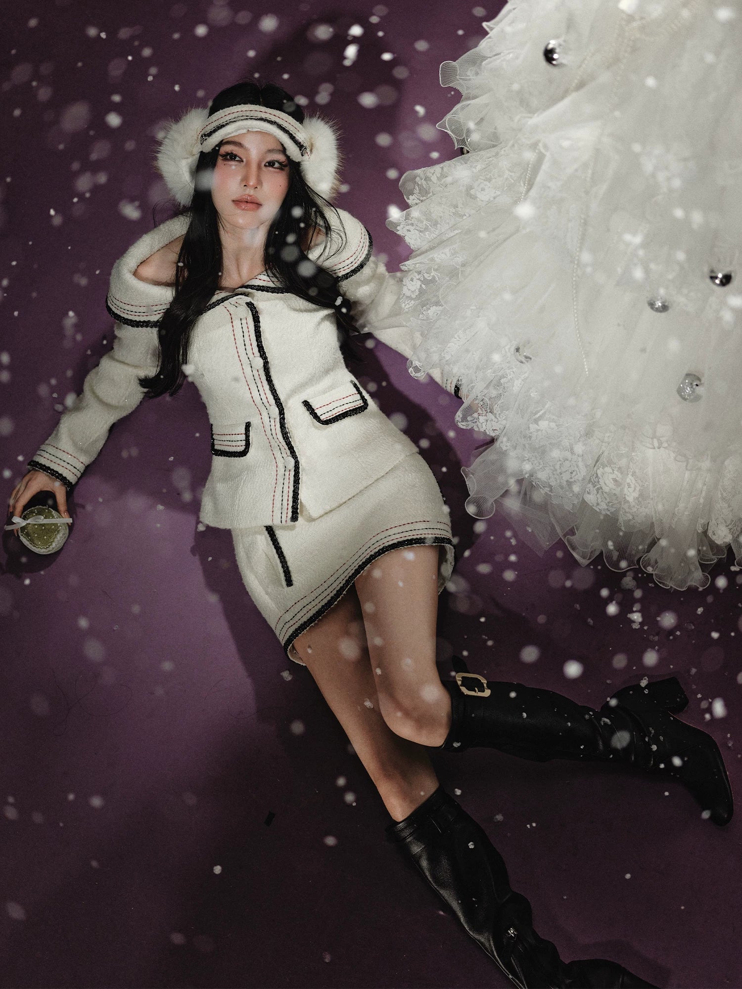 Chanel-Style Off-Shoulder Jacket &amp; Skirt Set