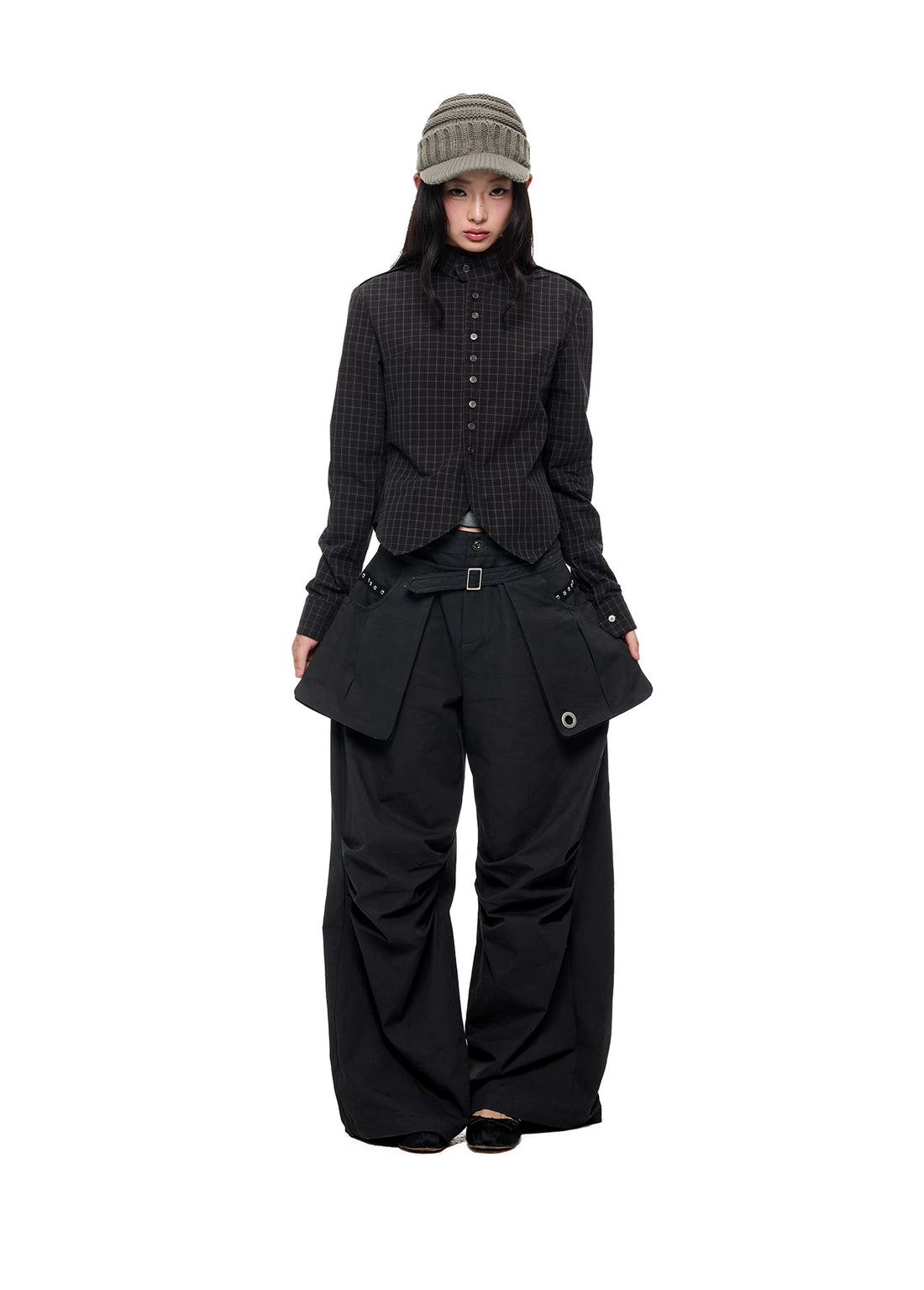 Black Plaid Stand Collar Shirt