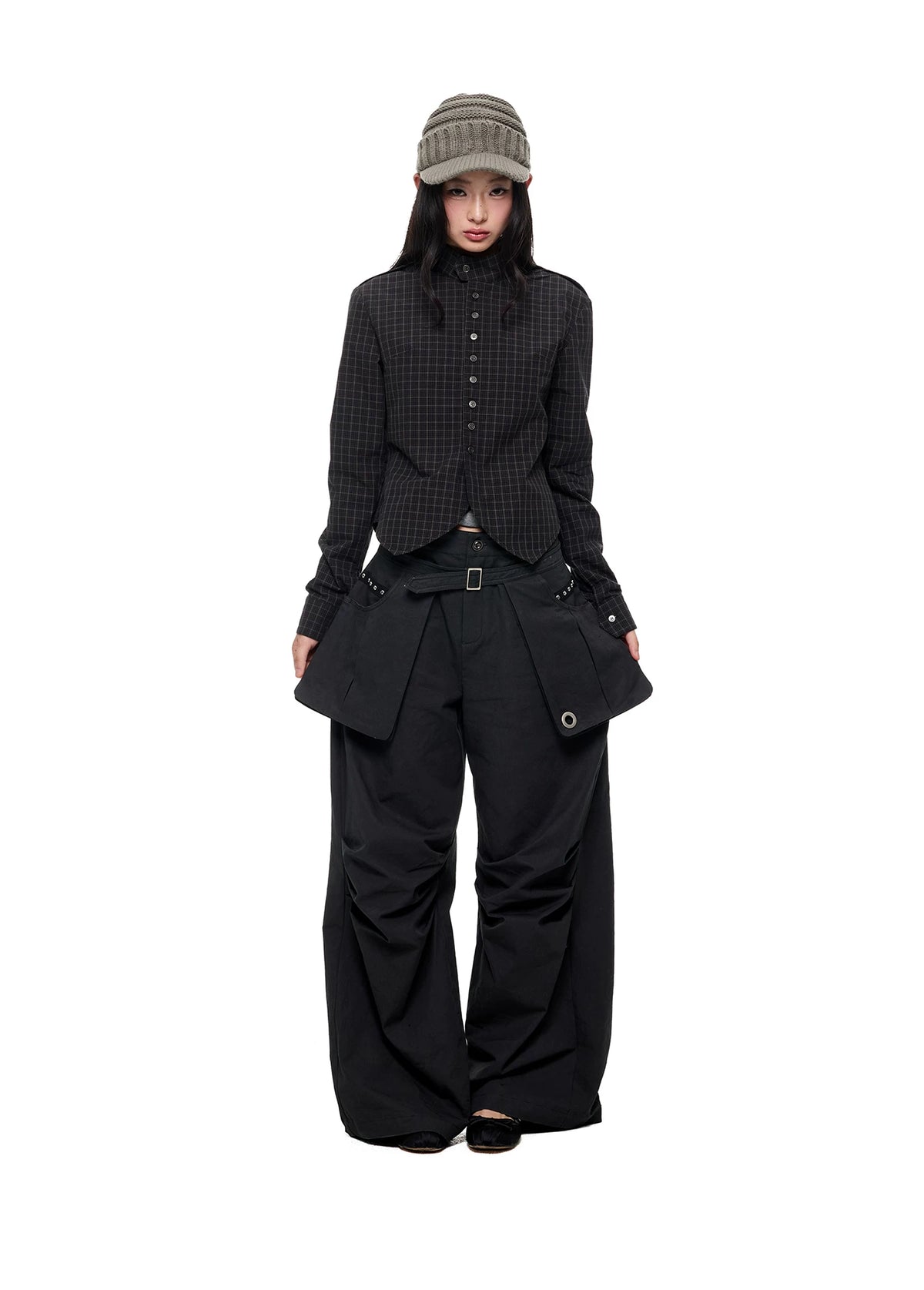 Black Plaid Stand Collar Shirt