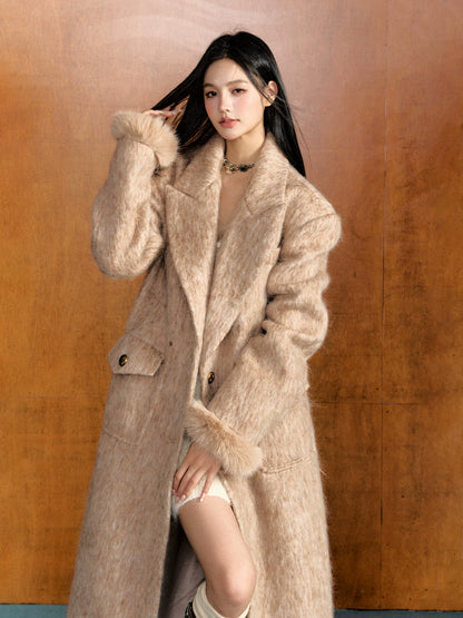 Camel &amp; Brown Detachable Fur Wool Coat