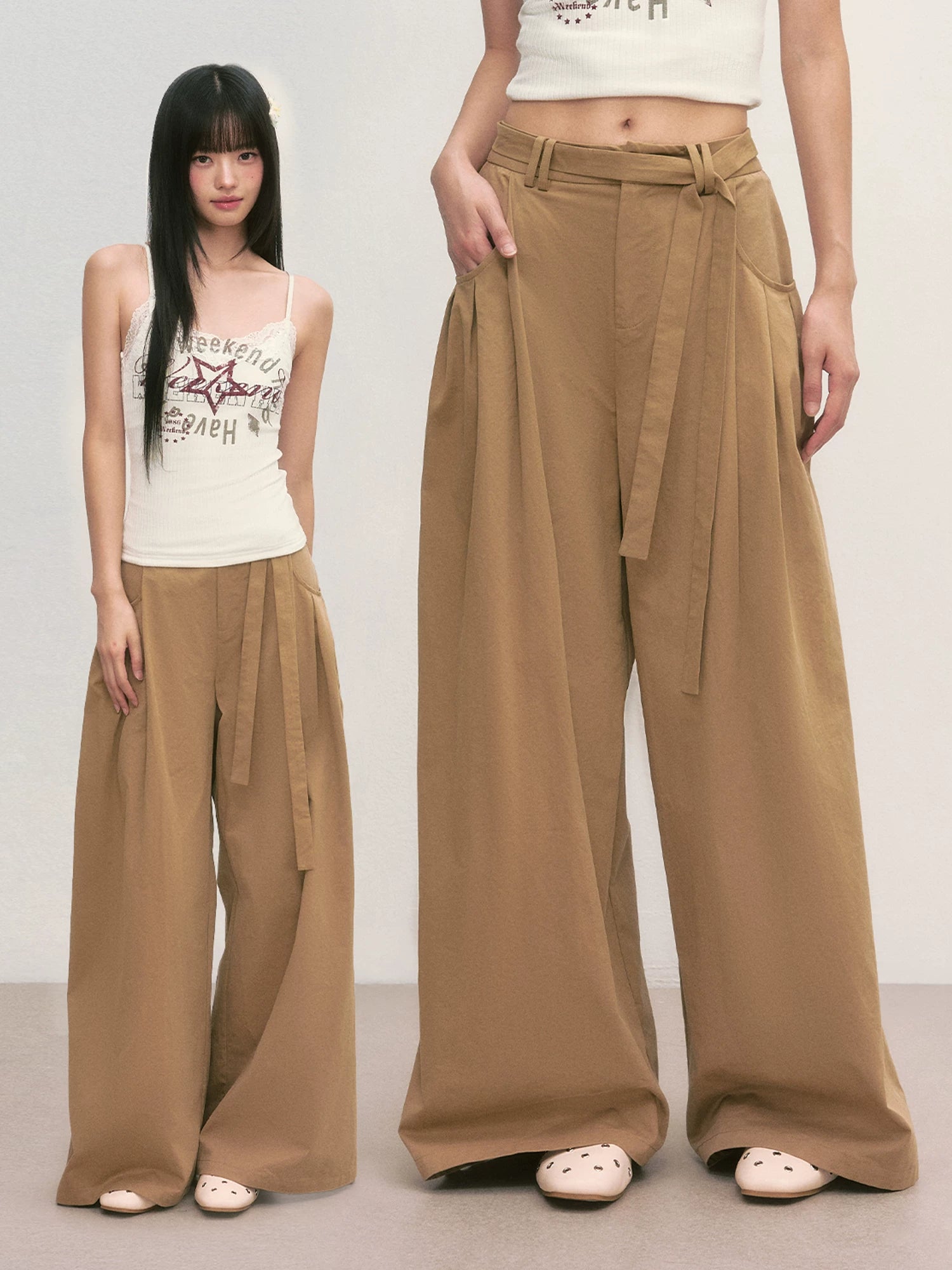 Khaki Tie-Waist Wide-Leg Pants
