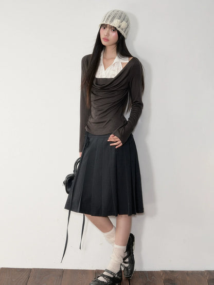 Fake Two-Piece Draped Neck Knit Top