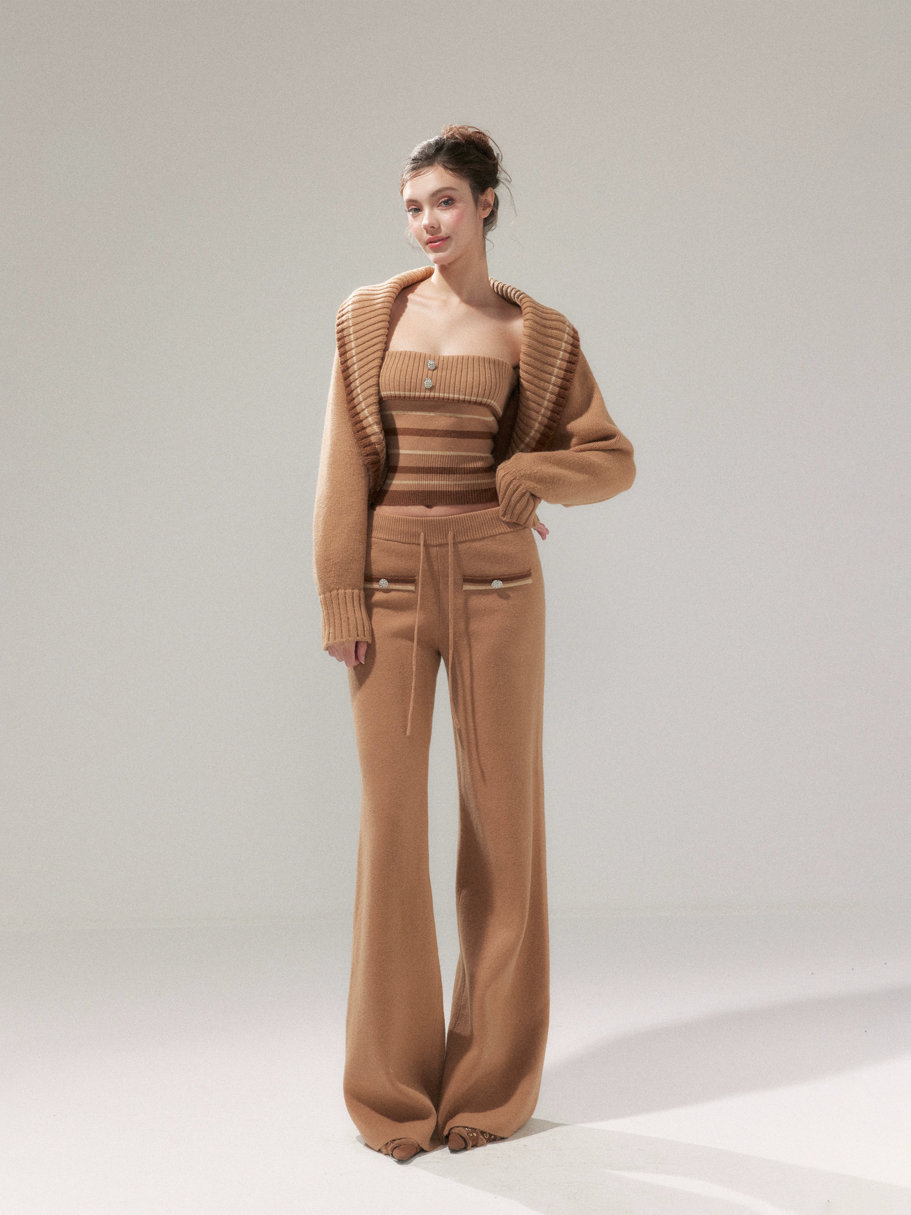 Khaki Striped Oversized Collar Knit Cardigan and Pants Set