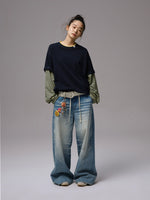 Fake Two-Piece Contrast Color Loose Striped T-Shirt
