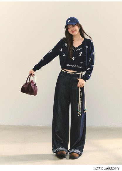 Navy Floral Embroidered Cardigan &amp; Camisole Set