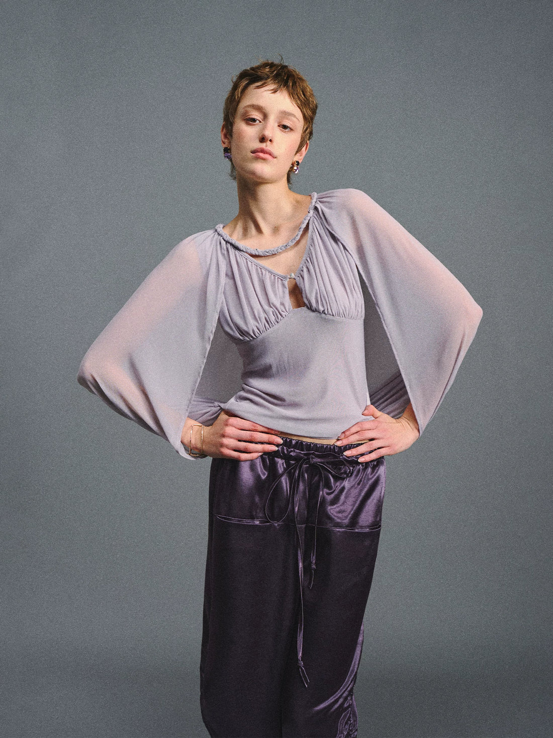 Purple Ruched Mesh V-Neck Top