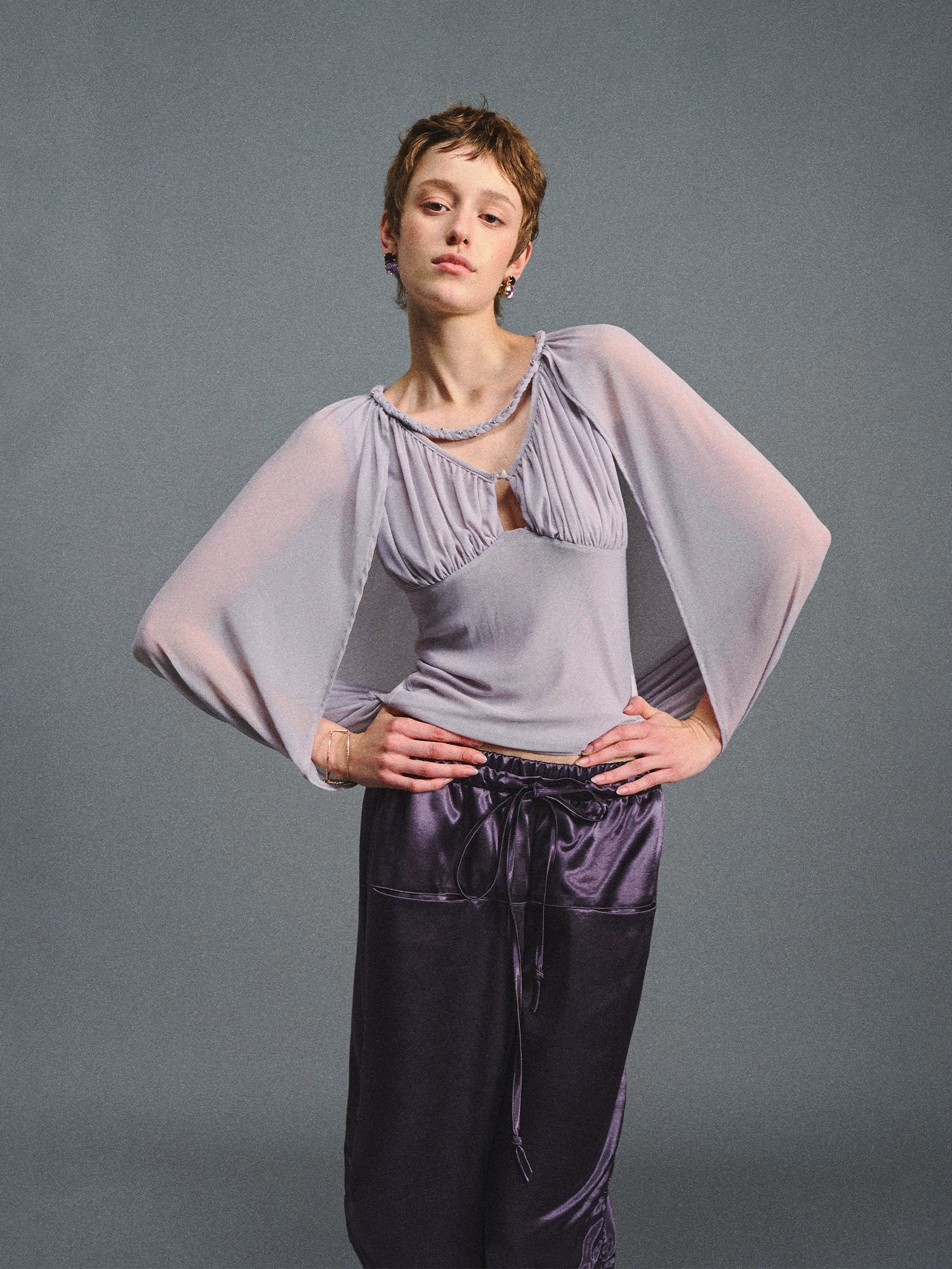 Purple Ruched Mesh V-Neck Top