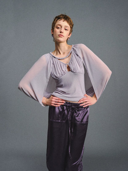 Purple Ruched Mesh V-Neck Top