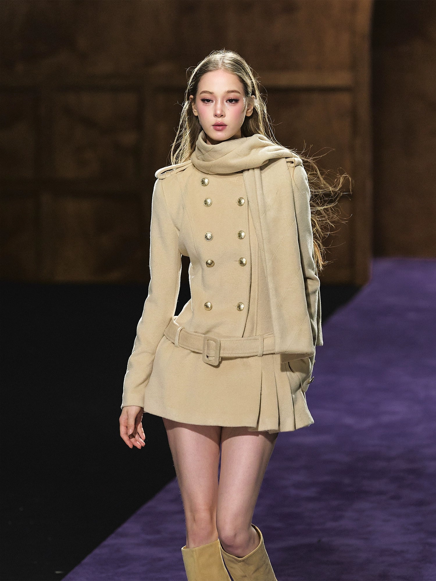 Wool Scarf-Collar Double-Breasted Dress