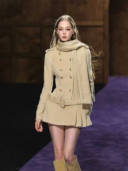 Wool Scarf-Collar Double-Breasted Dress