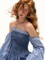 Blue Plaid Smocked Bustier Dress