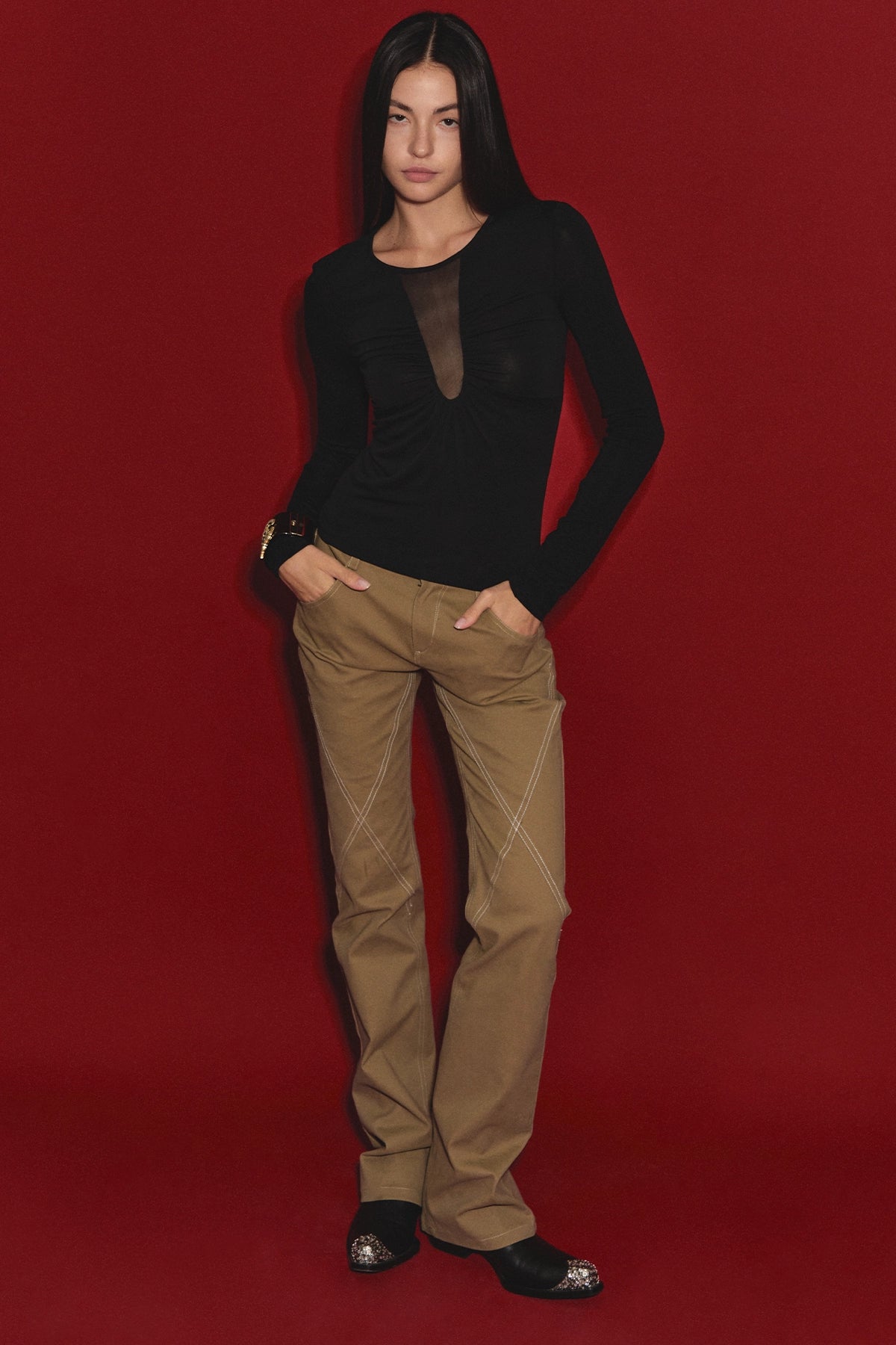 Tencel Ruched Mesh V-Neck Top