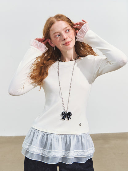 Double-layer Ruffle Raglan Fleece Top