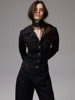 Raw Denim Wide-Shoulder Waist-Cinching Jacket Set
