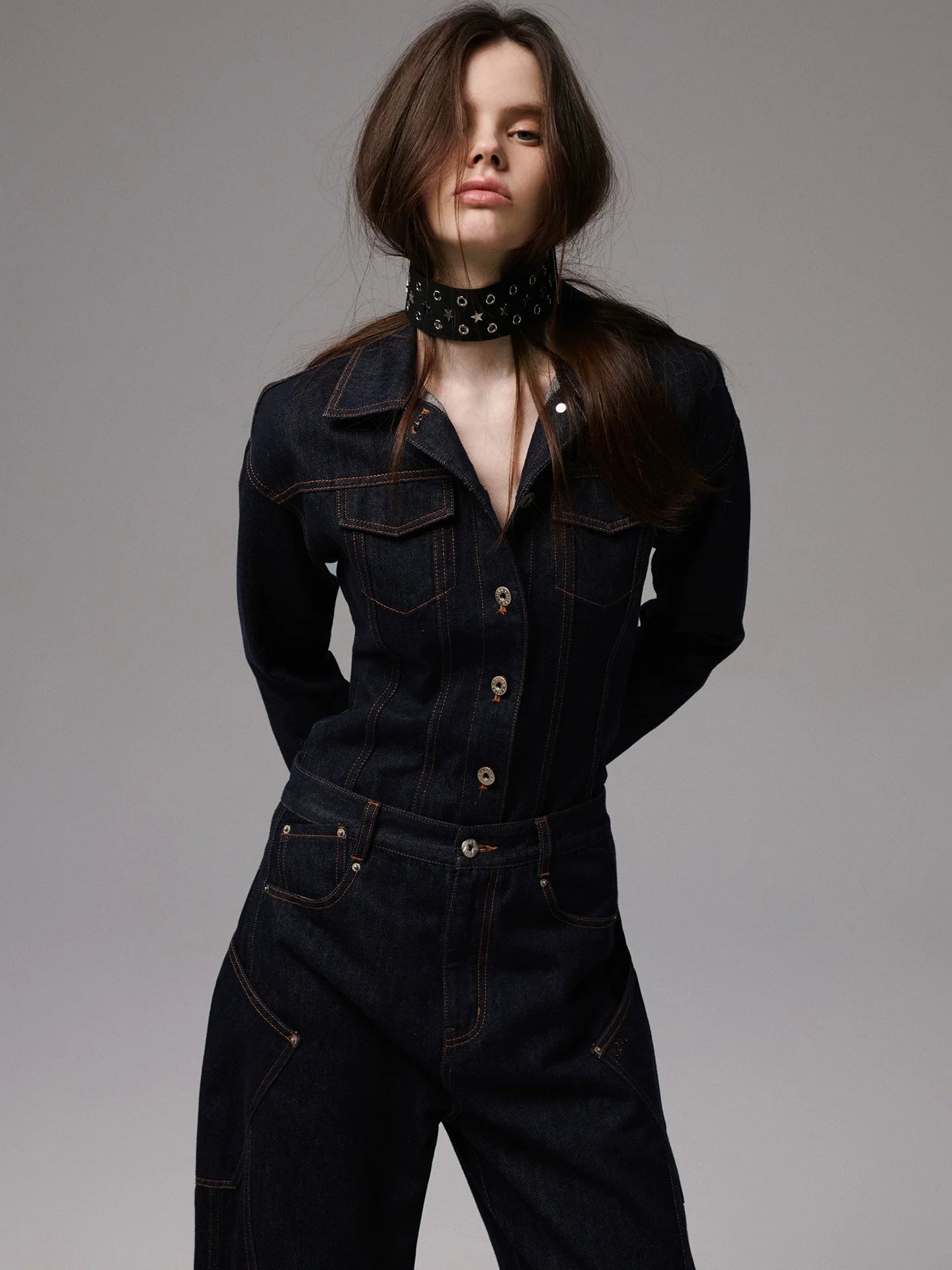 Raw Denim Wide-Shoulder Waist-Cinching Jacket Set
