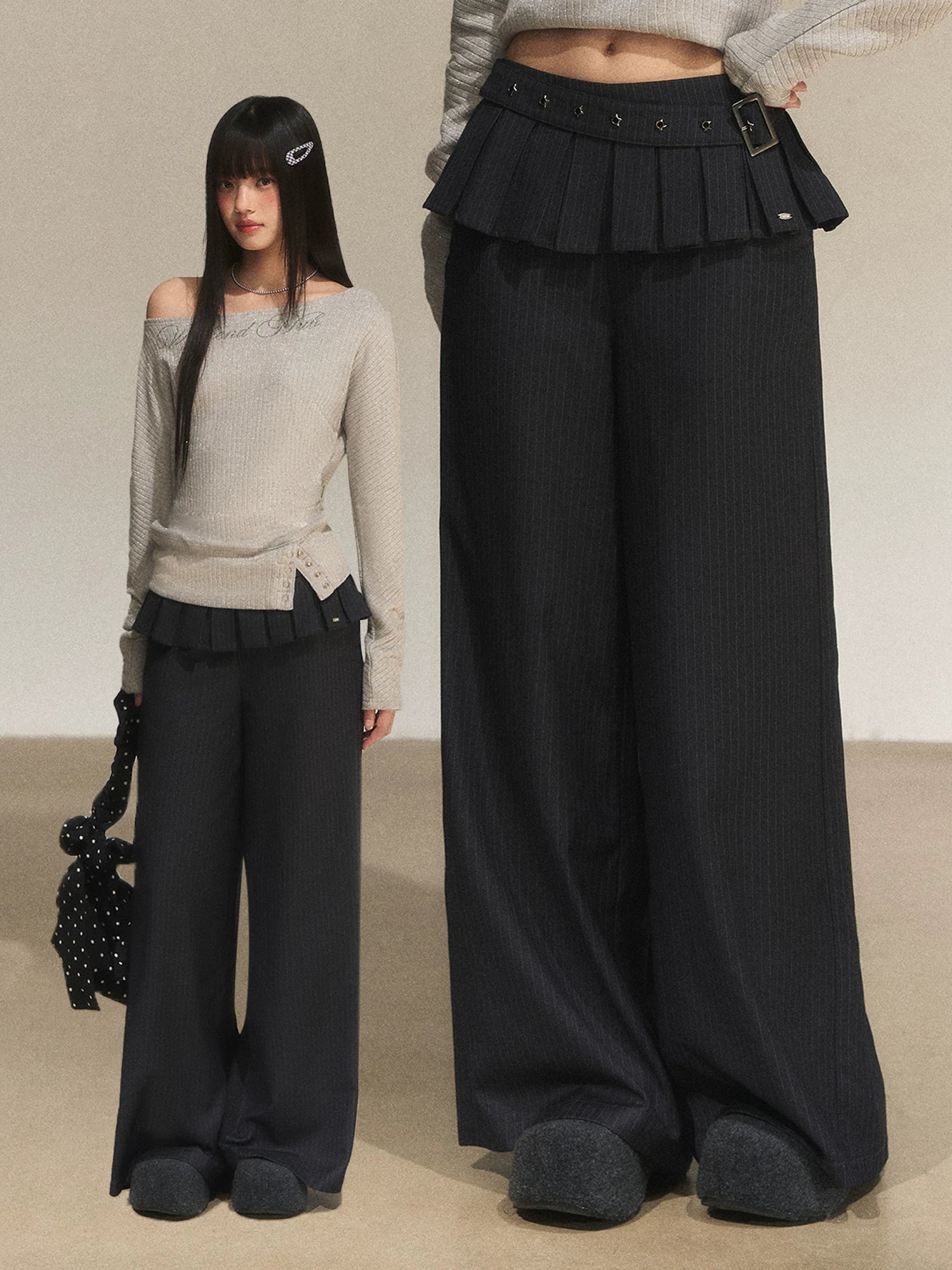 Gray Striped Wide-Leg Pants