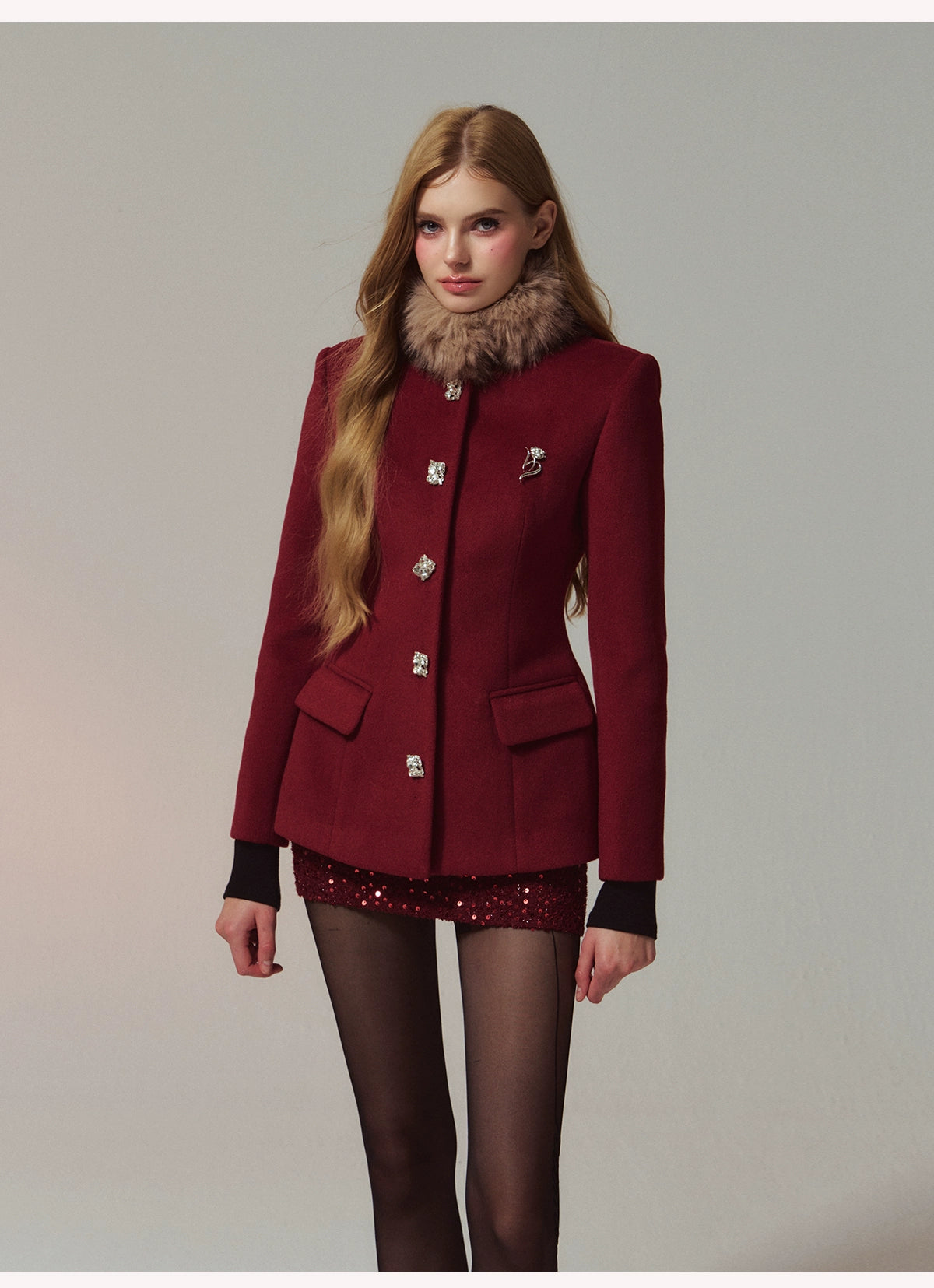 Diamond Detail Waist-Coated Wool Coat &amp; Skirt  Set