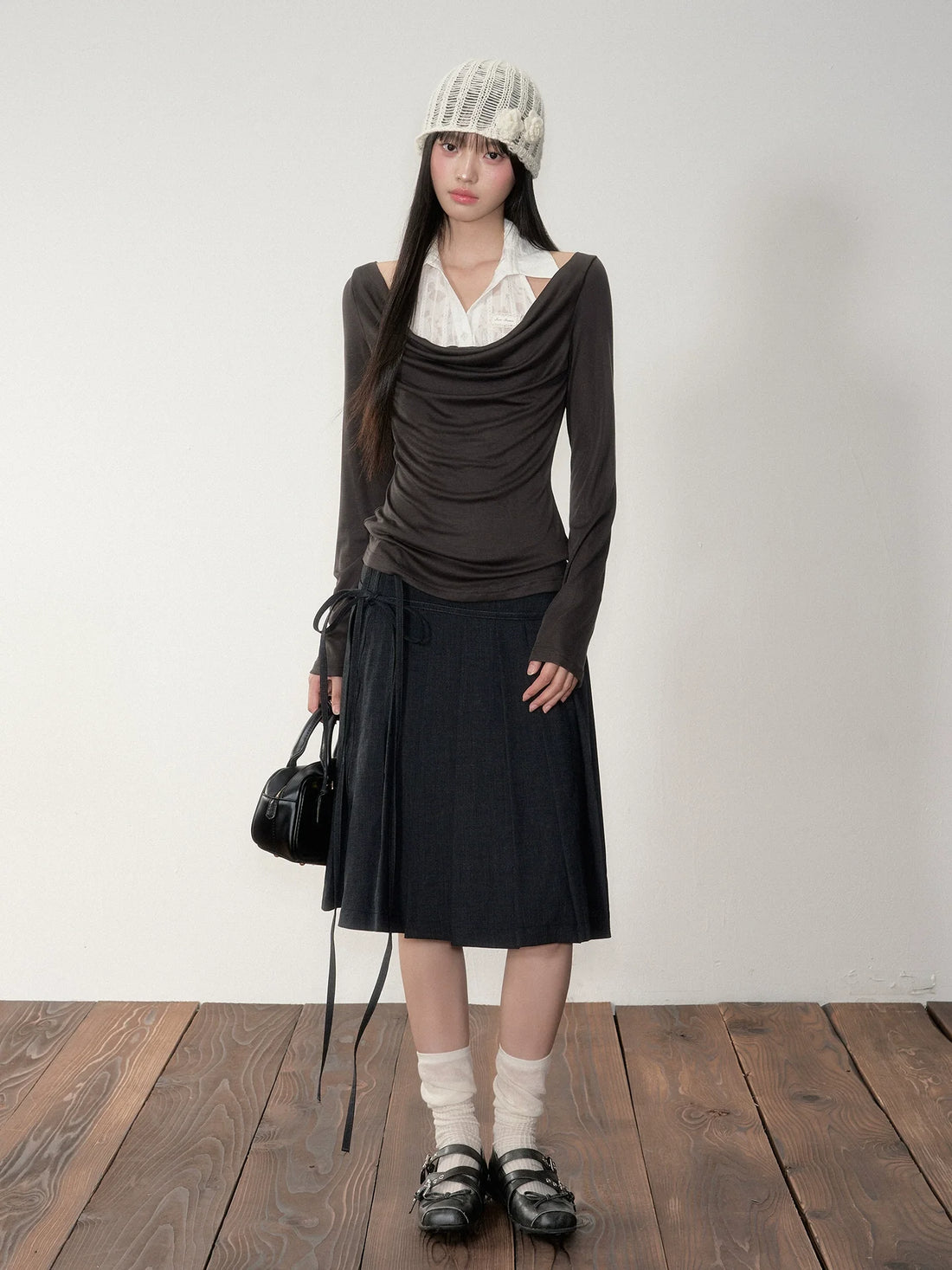 Fake Two-Piece Draped Neck Knit Top