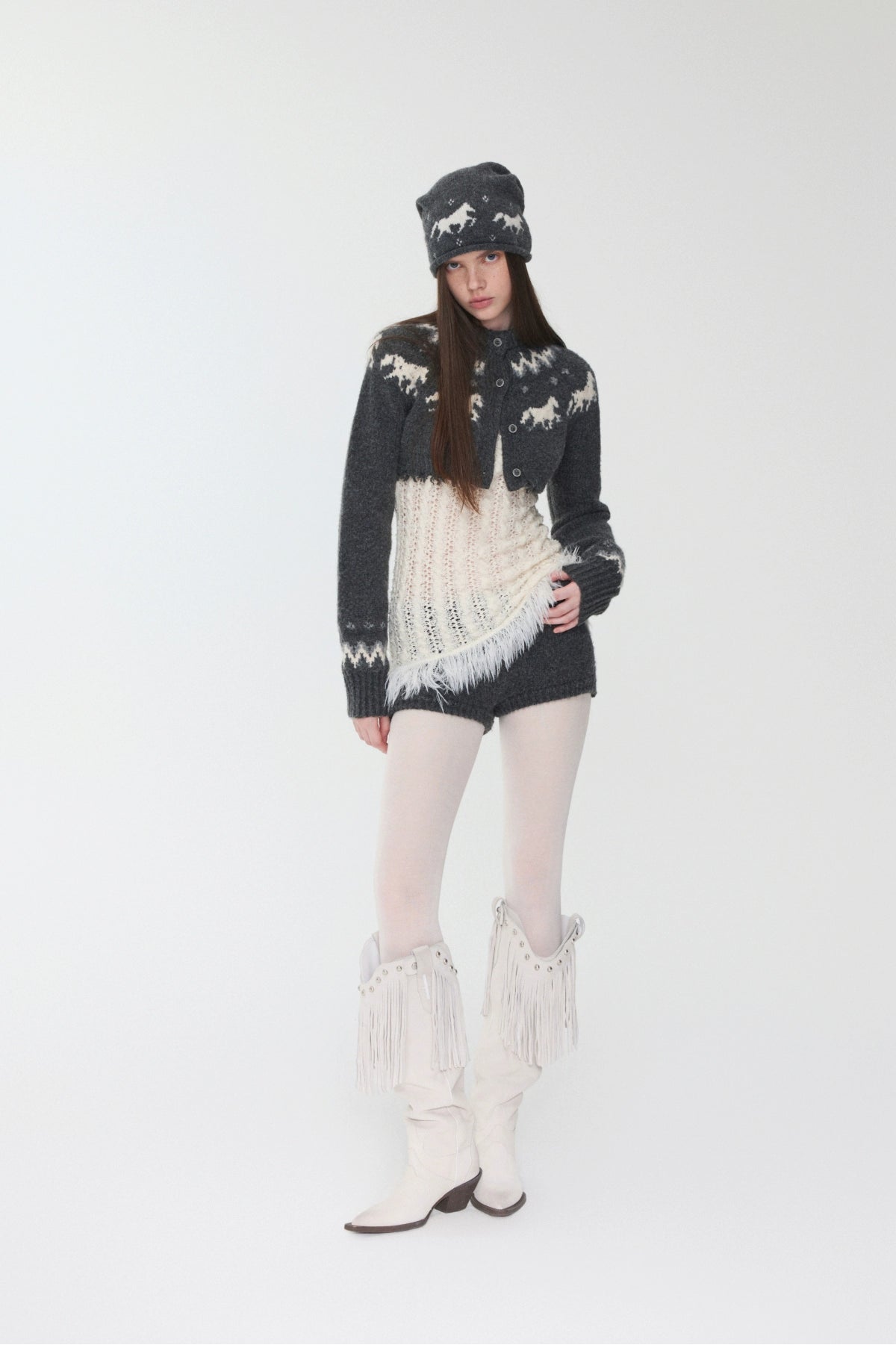 Fair Isle Pony Jacquard Knit Short Cardigan &amp; Shorts Set