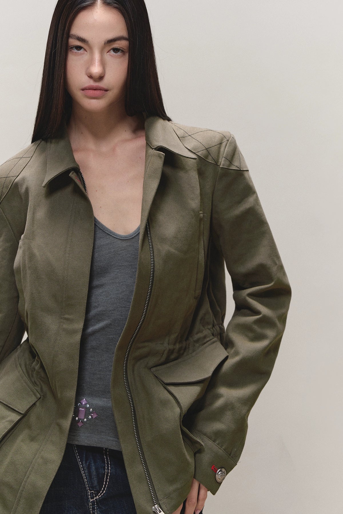 Diamond-Quilt Contrast Hunter Jacket