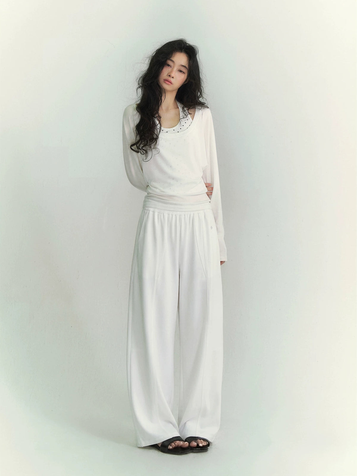 Drawstring Curved Wide Pants