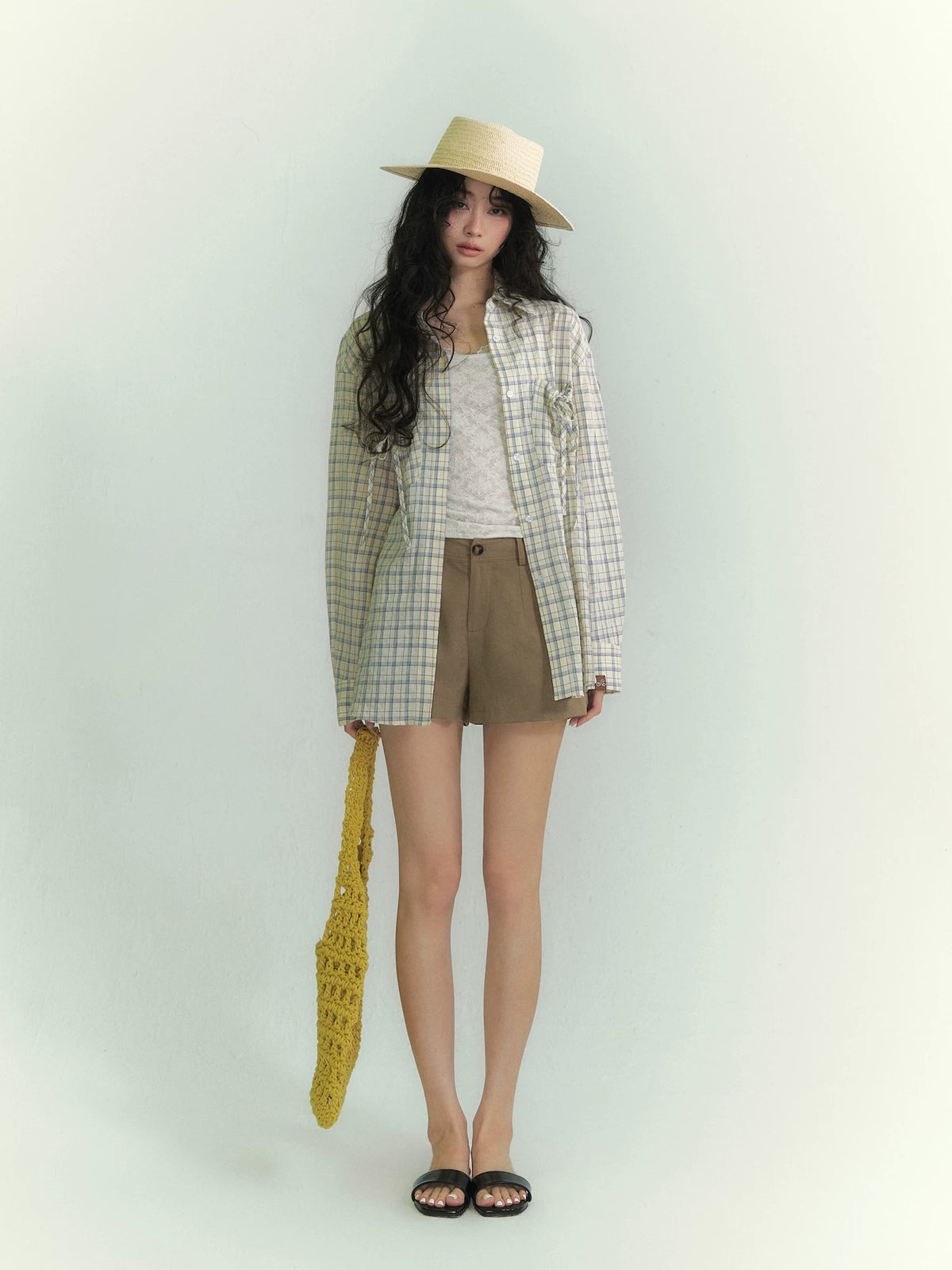 Drawstring Pocket Plaid Shirt