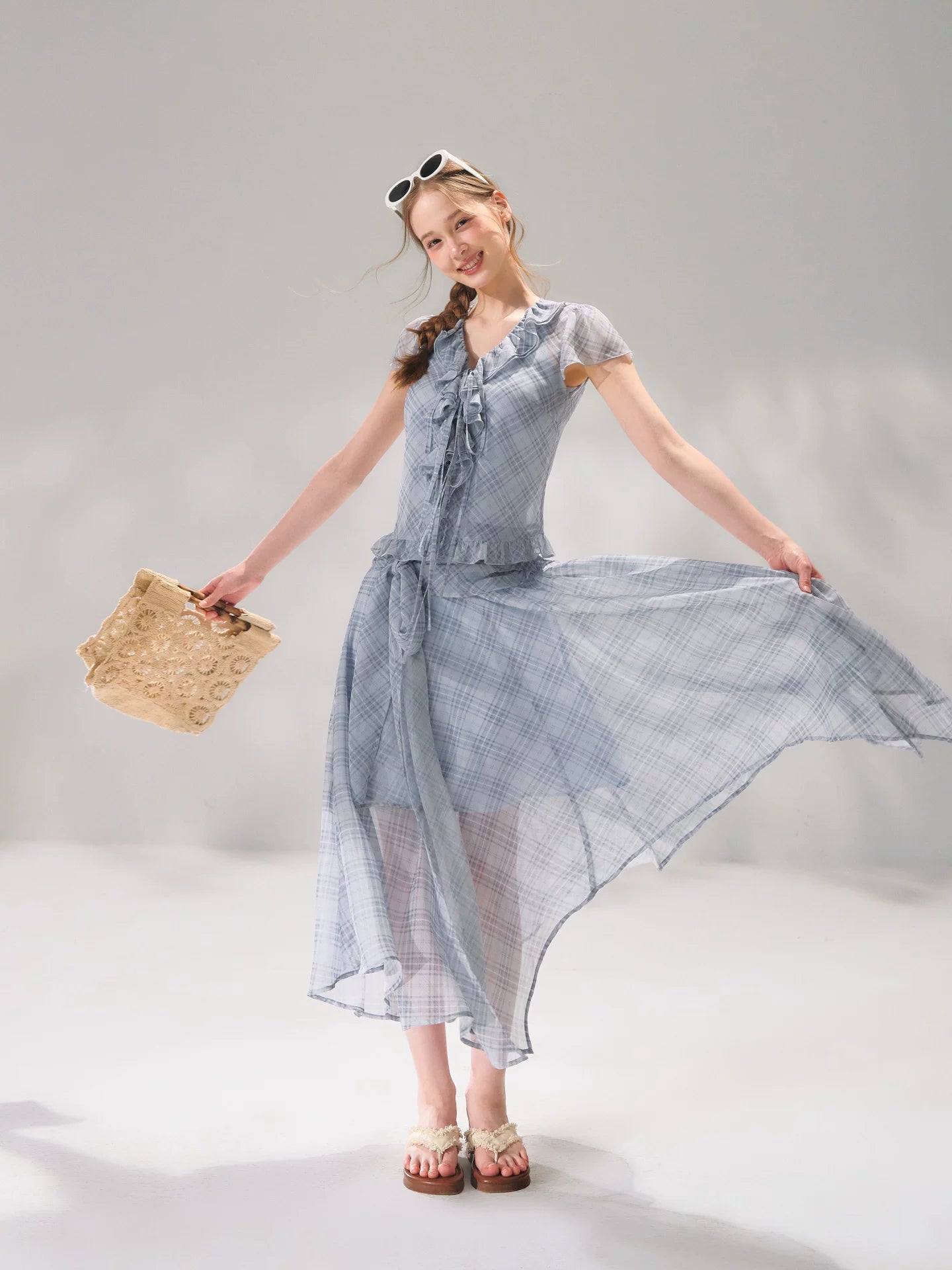 Plaid Chiffon Ruffle Set
