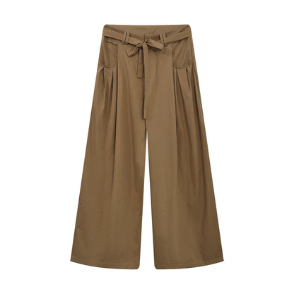 Khaki Tie-Waist Wide-Leg Pants
