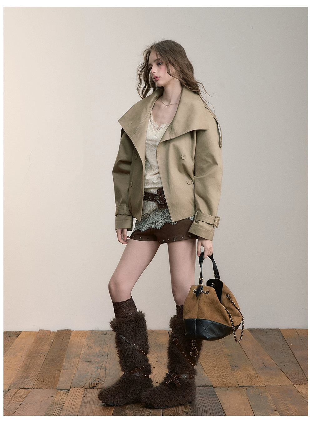 Brown Studded Faux Suede Shorts