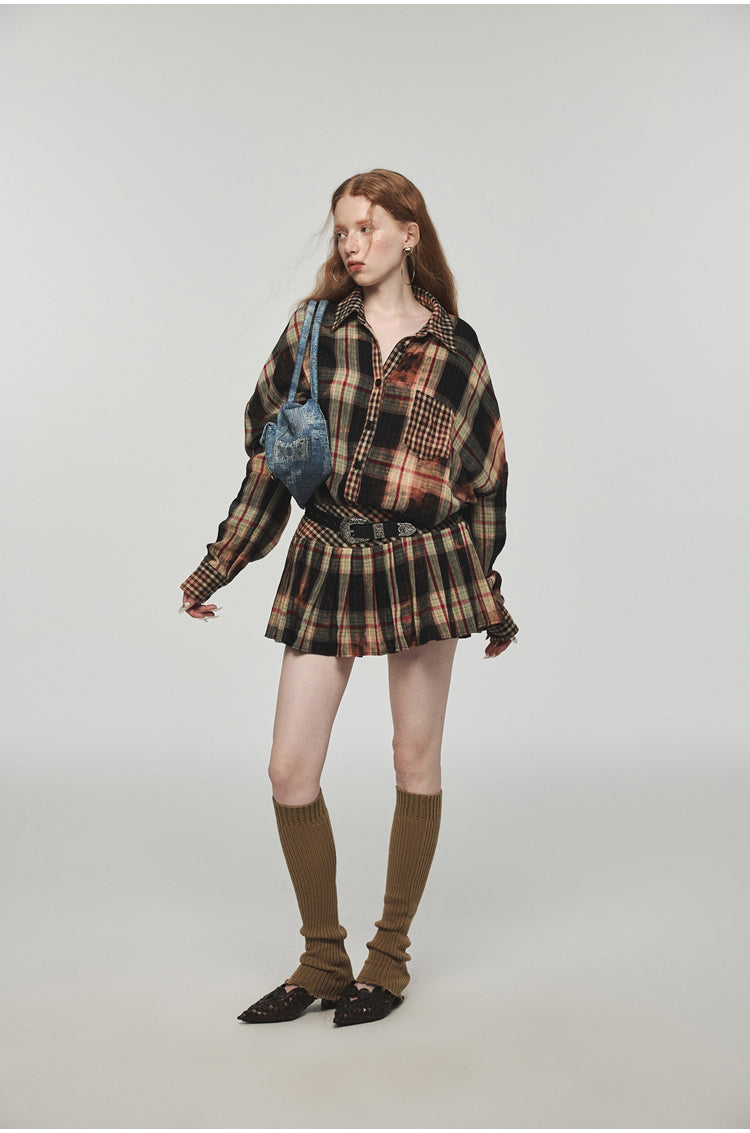 Tie-dye Plaid Shirt &amp; Mini Skirt Set