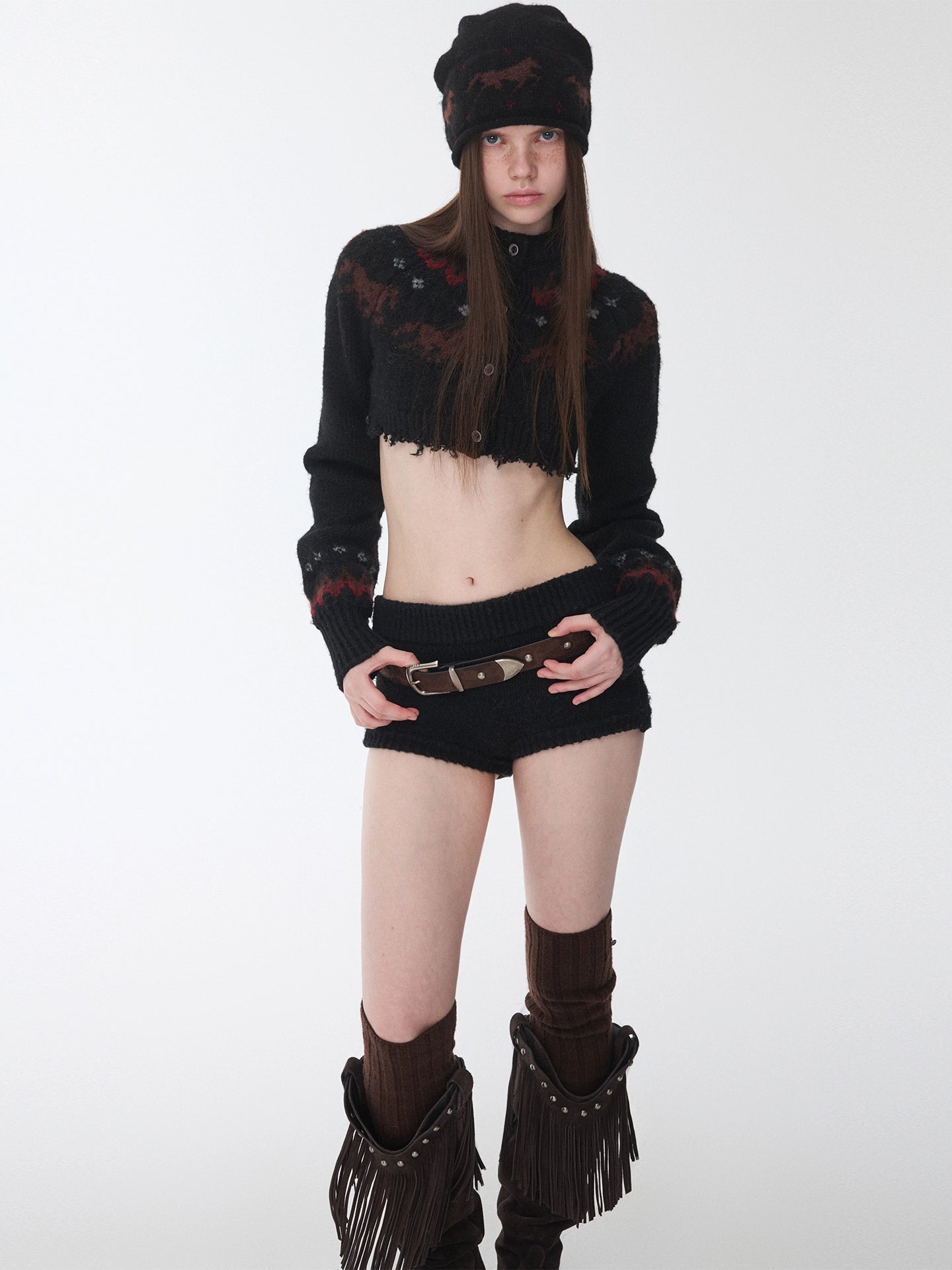 Fair Isle Pony Jacquard Knit Short Cardigan &amp; Shorts Set