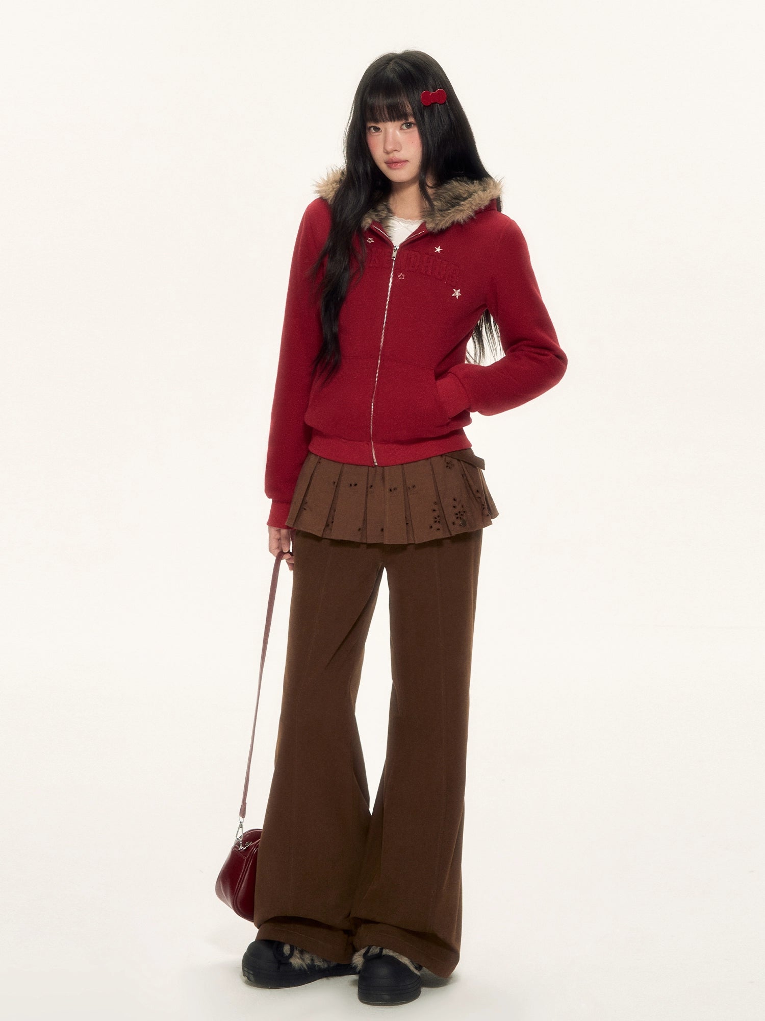 Red Fur Trim Hooded Fitted Cardigan