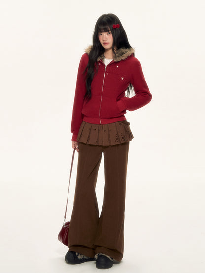 Red Fur Trim Hooded Fitted Cardigan