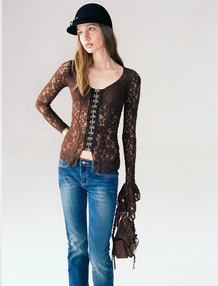 Lace Button Flare-Sleeve Top