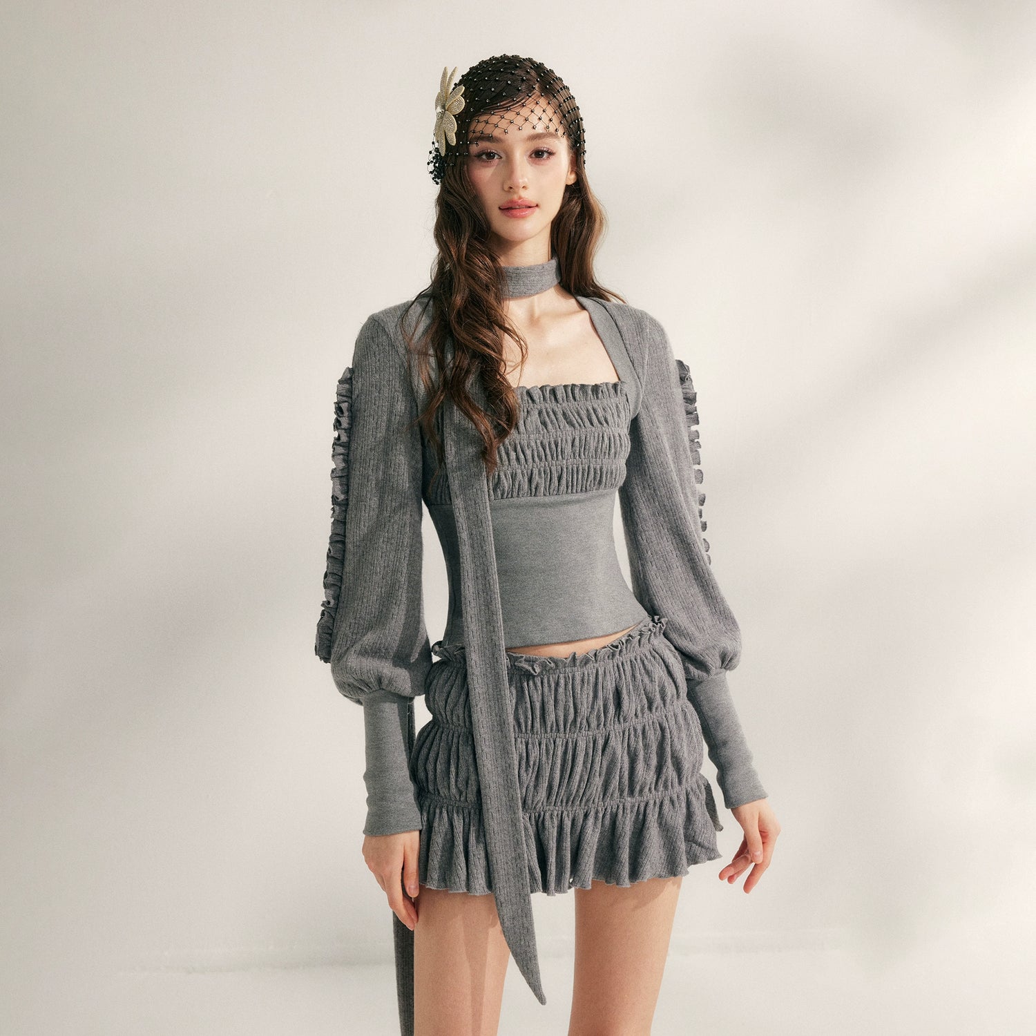 Pleated Ruffle Knit Top &amp; Skirt Set