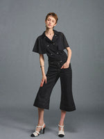 Black Quilted Cropped Flared Jeans