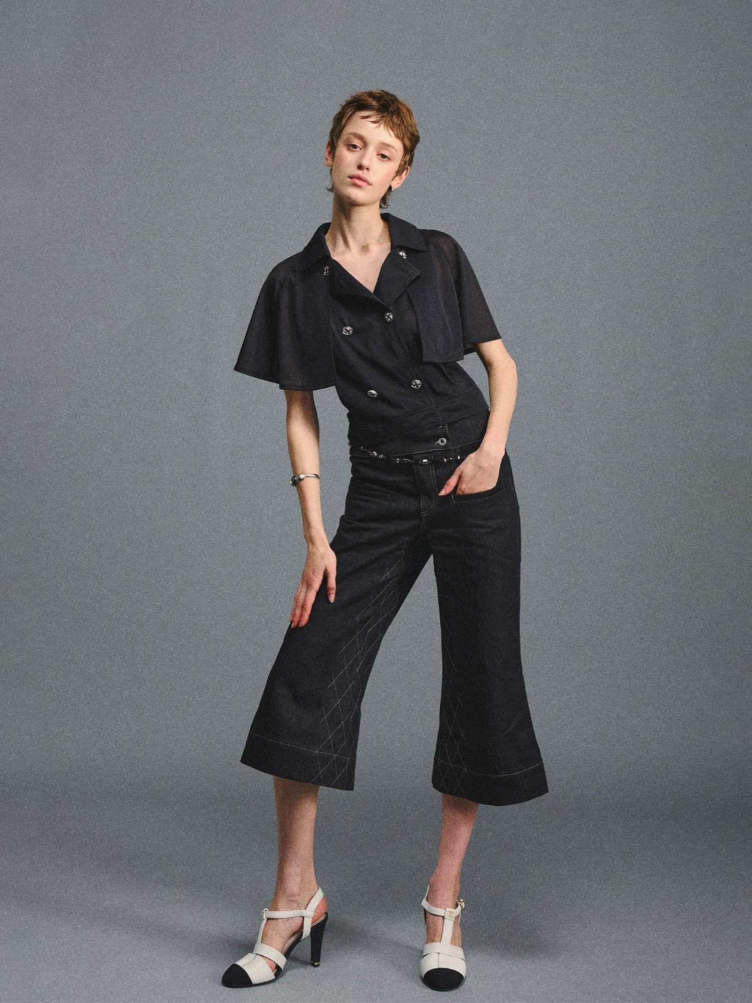 Black Quilted Cropped Flared Jeans