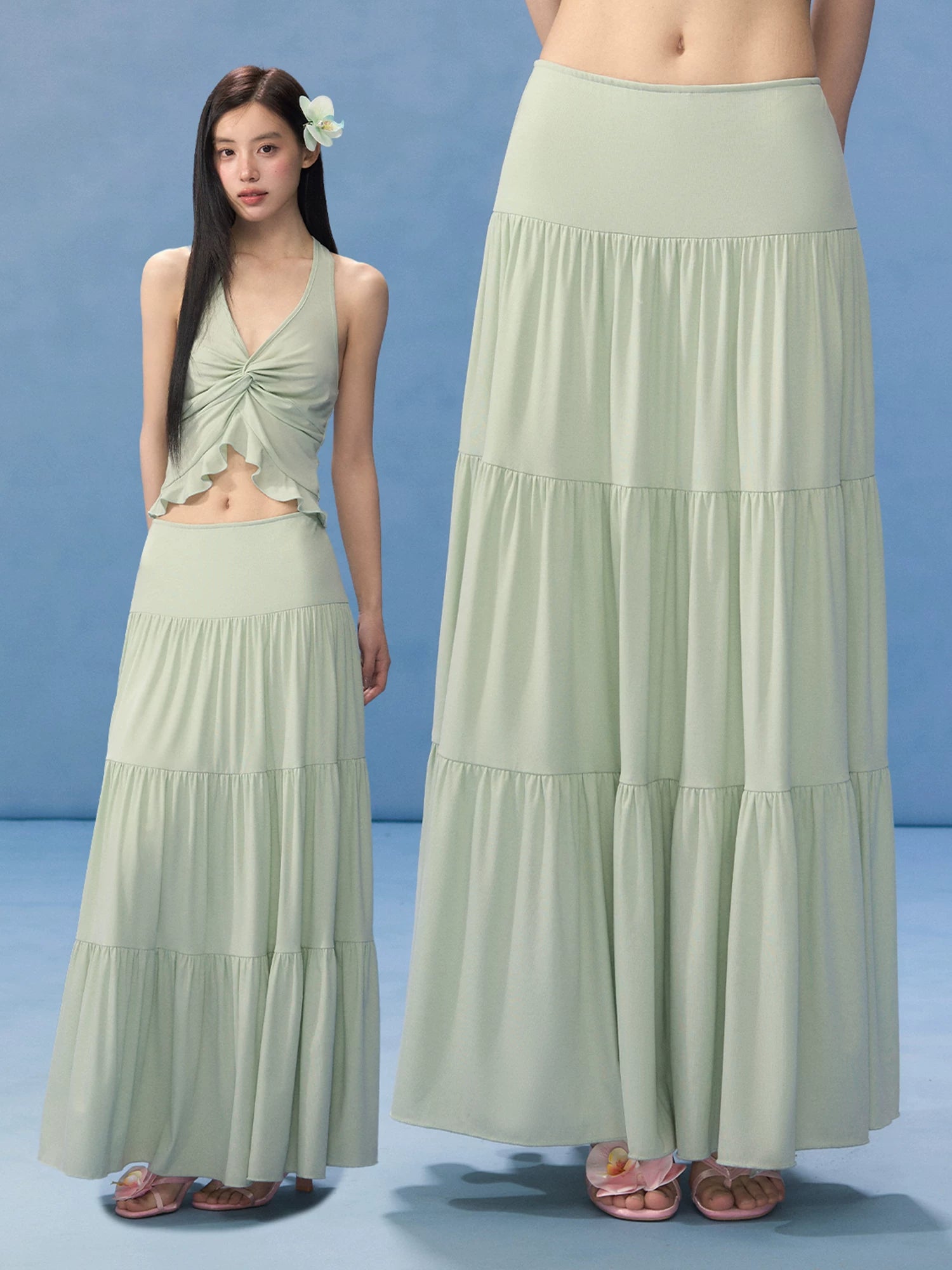 Green Tiered Maxi Skirt