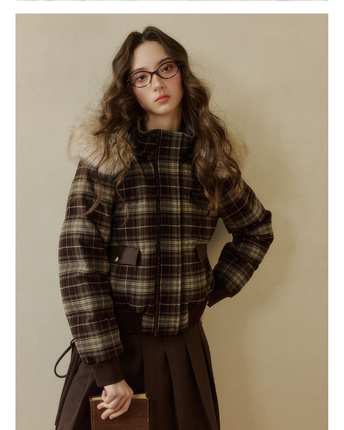 Plaid Floral Faux-Fur Down Jacket