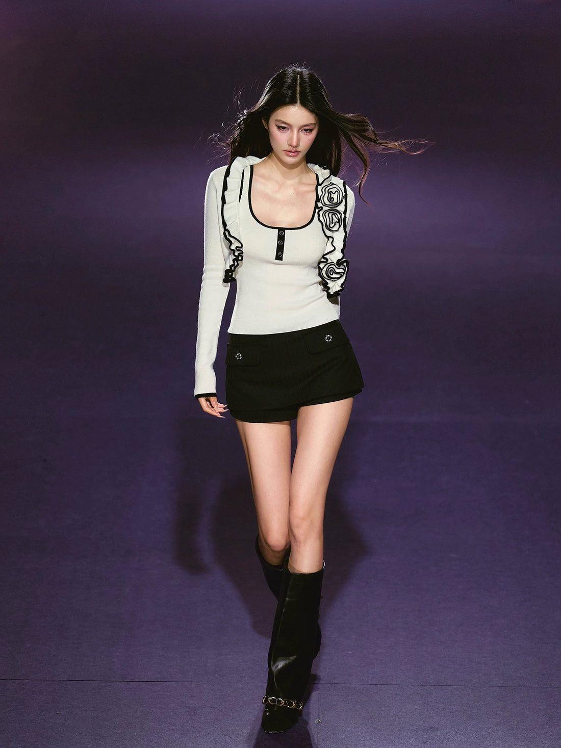 Black Striped Low-waist Slit Skort