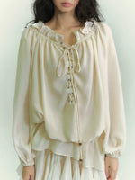 Off-Shoulder Tie Lantern Sleeve Shirt