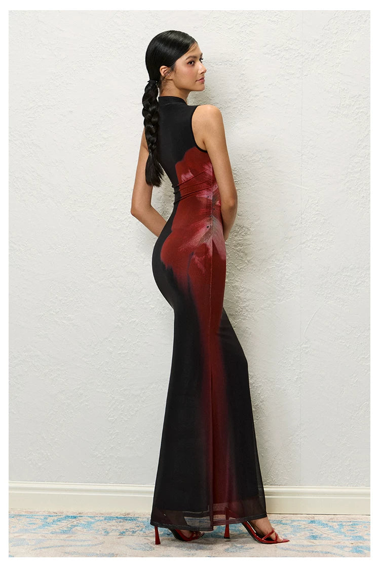 Black Red Floral Qipao Dress
