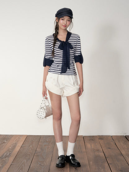 Striped Ribbon Cuffed T-shirt