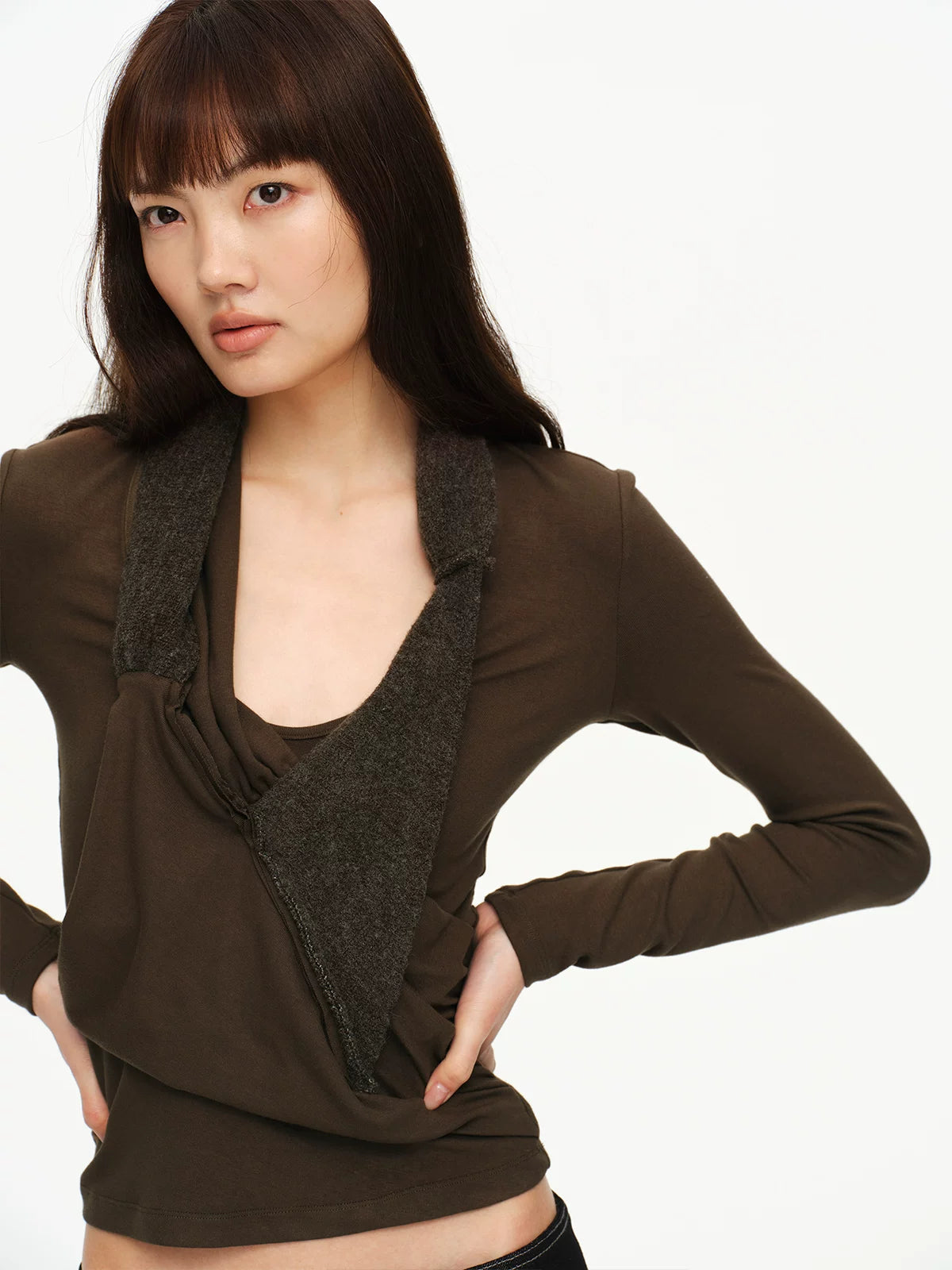 Brown Green Ruched Panel Top