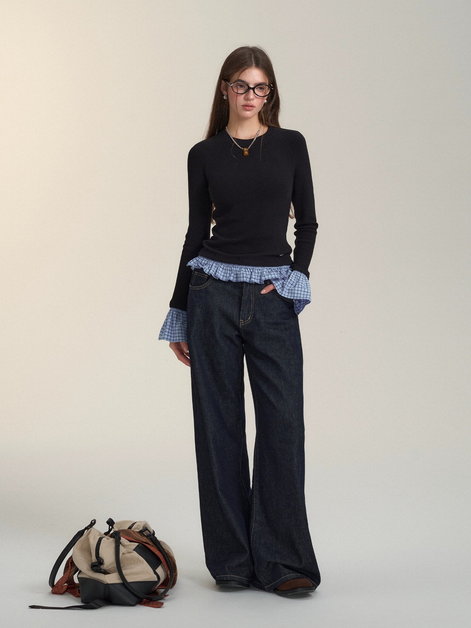 Plaid Patchwork Long-Sleeve Top