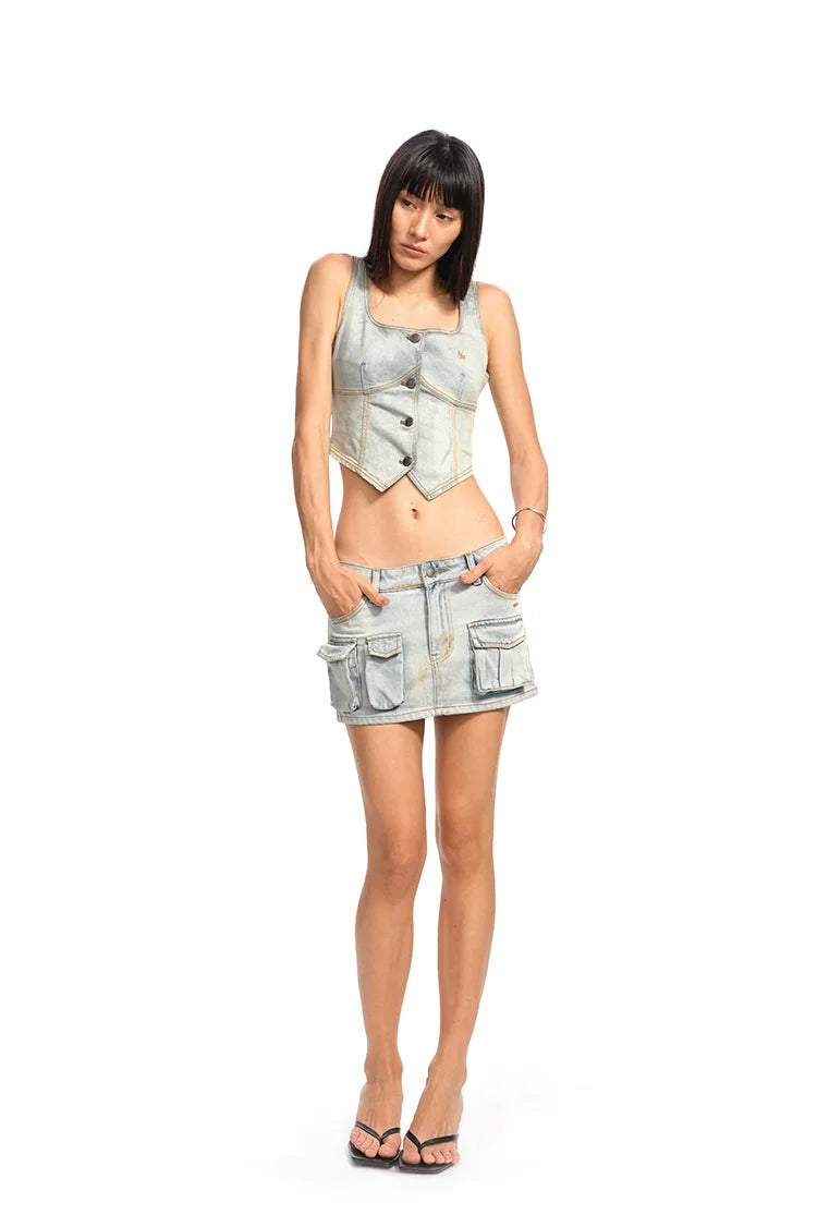 Washed Slightly Elastic Retro Vest