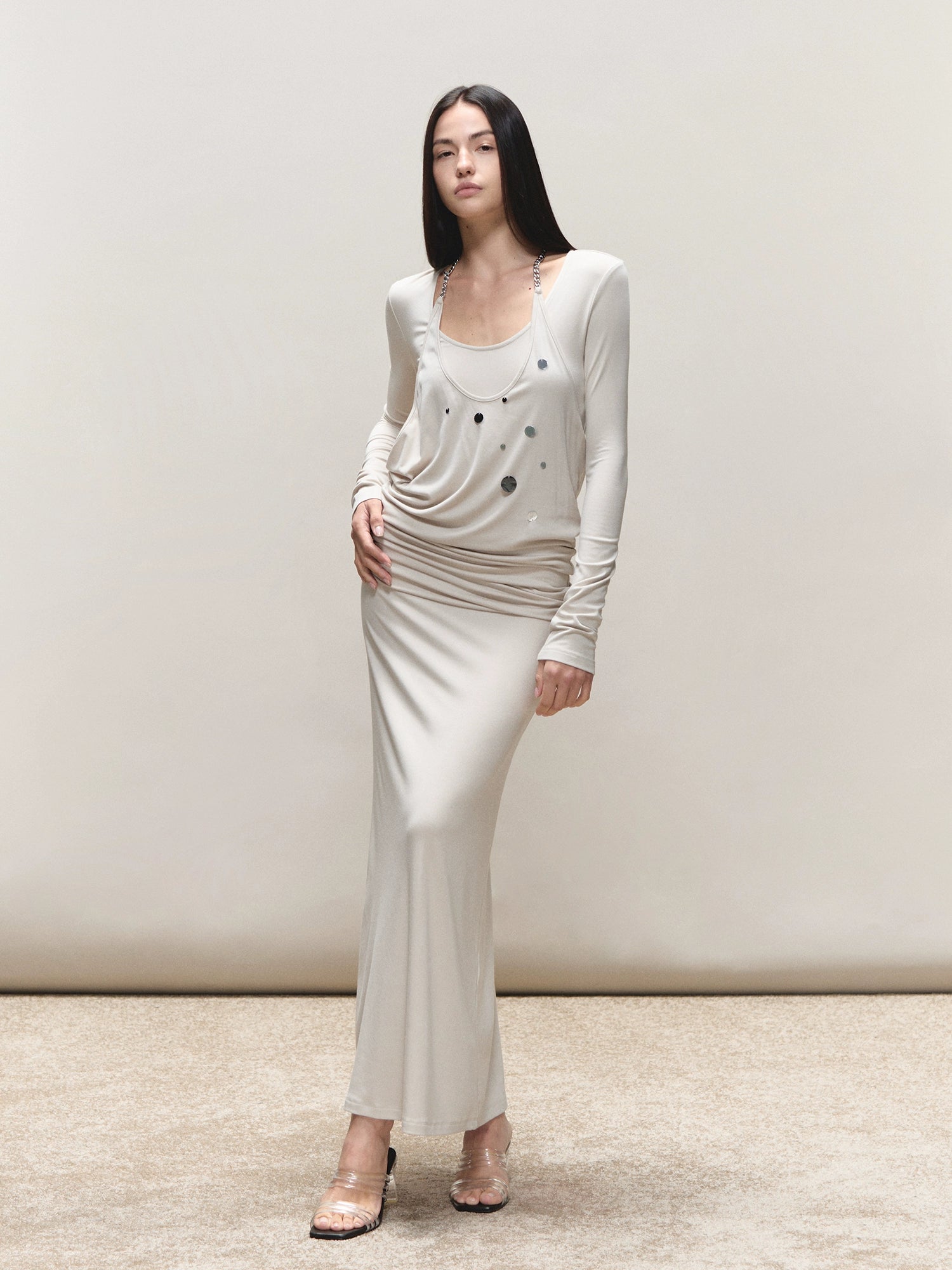 Faux-Two-Piece Halter Sequin Maxi Dress